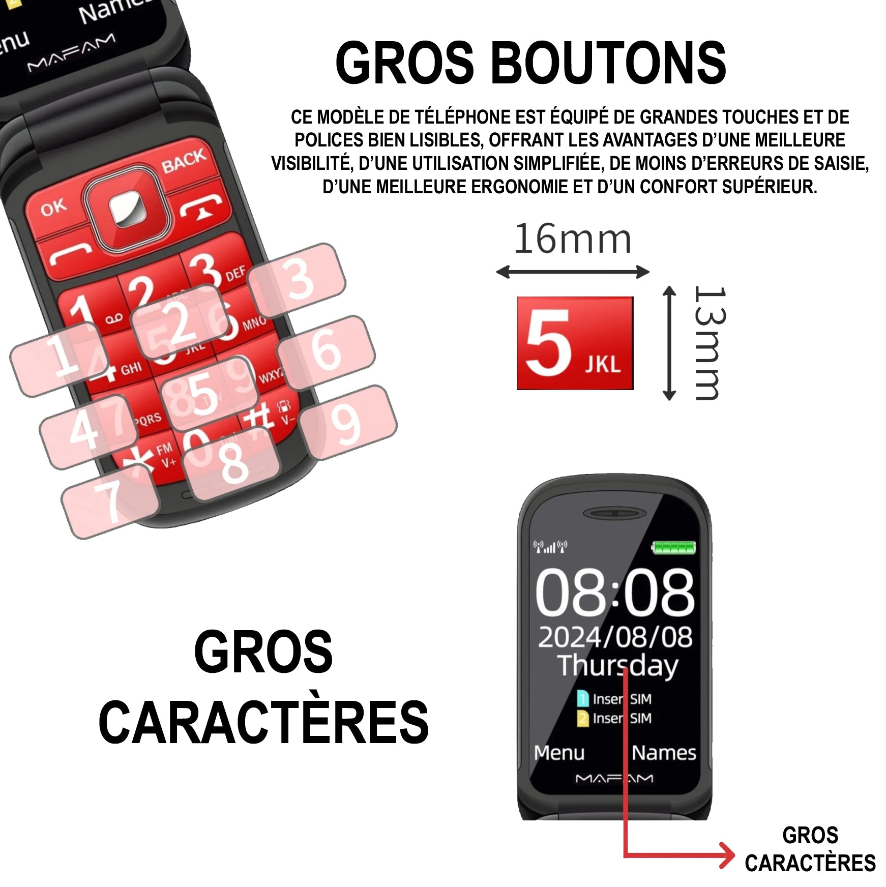 Téléhone Portable à Grandes Touches pour Seniors et Malvoyants