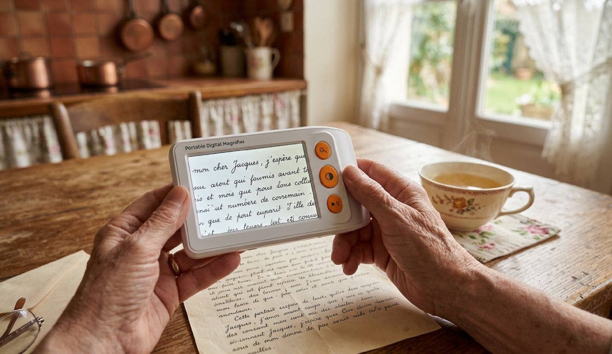 Femme âgée lisant son courrier à la table de cuisine avec une loupe électronique portable