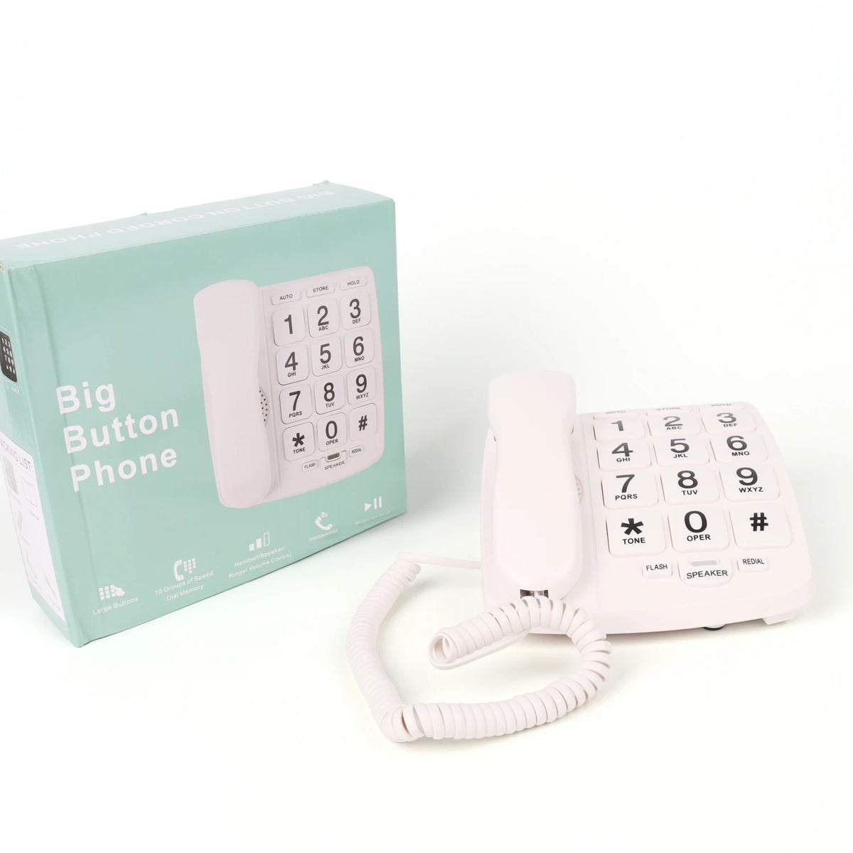 Téléphone fixe senior mains libres à grosses touches avec sa boîte