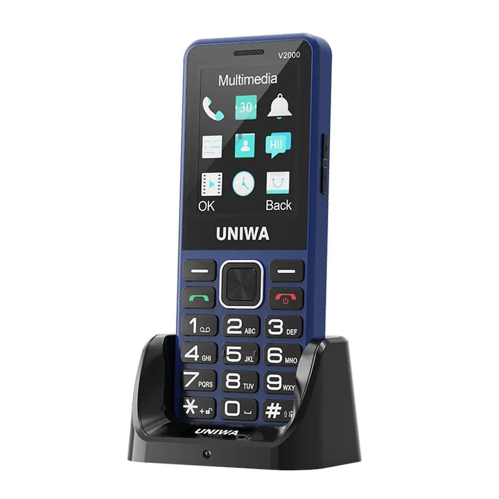 Téléphone UNIWA V2000 4G bleu sur son socle de charge