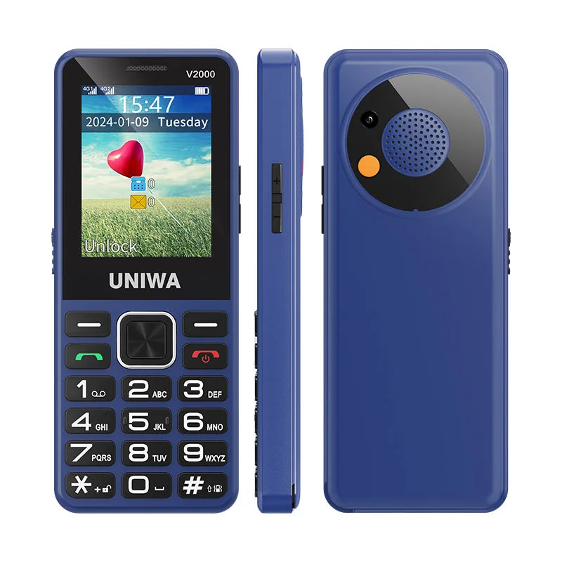 Téléphone UNIWA V2000 4G bleu, face, profil et dos avec touche SOS