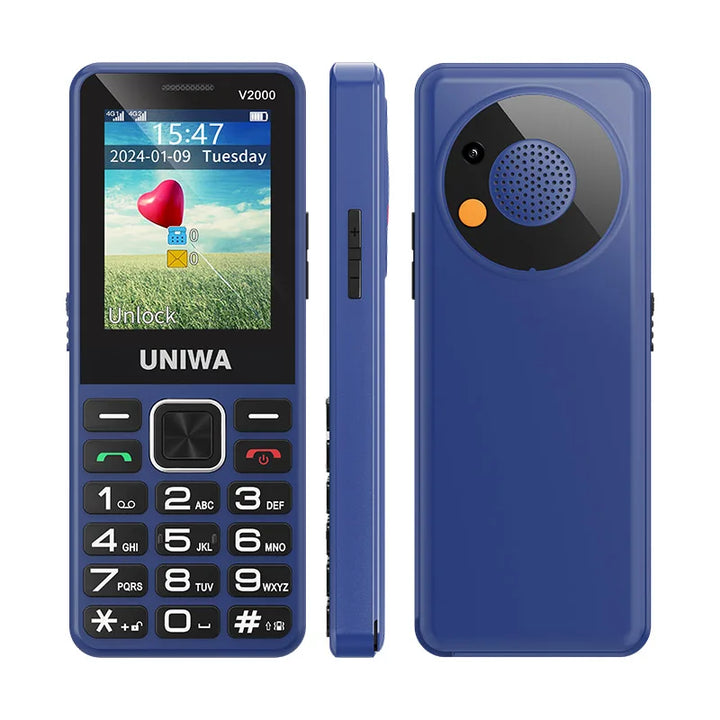 Téléphone UNIWA V2000 4G bleu, face, profil et dos avec touche SOS