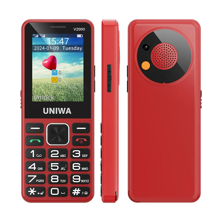 Téléphone UNIWA V2000 4G rouge, face, profil et dos avec touche SOS