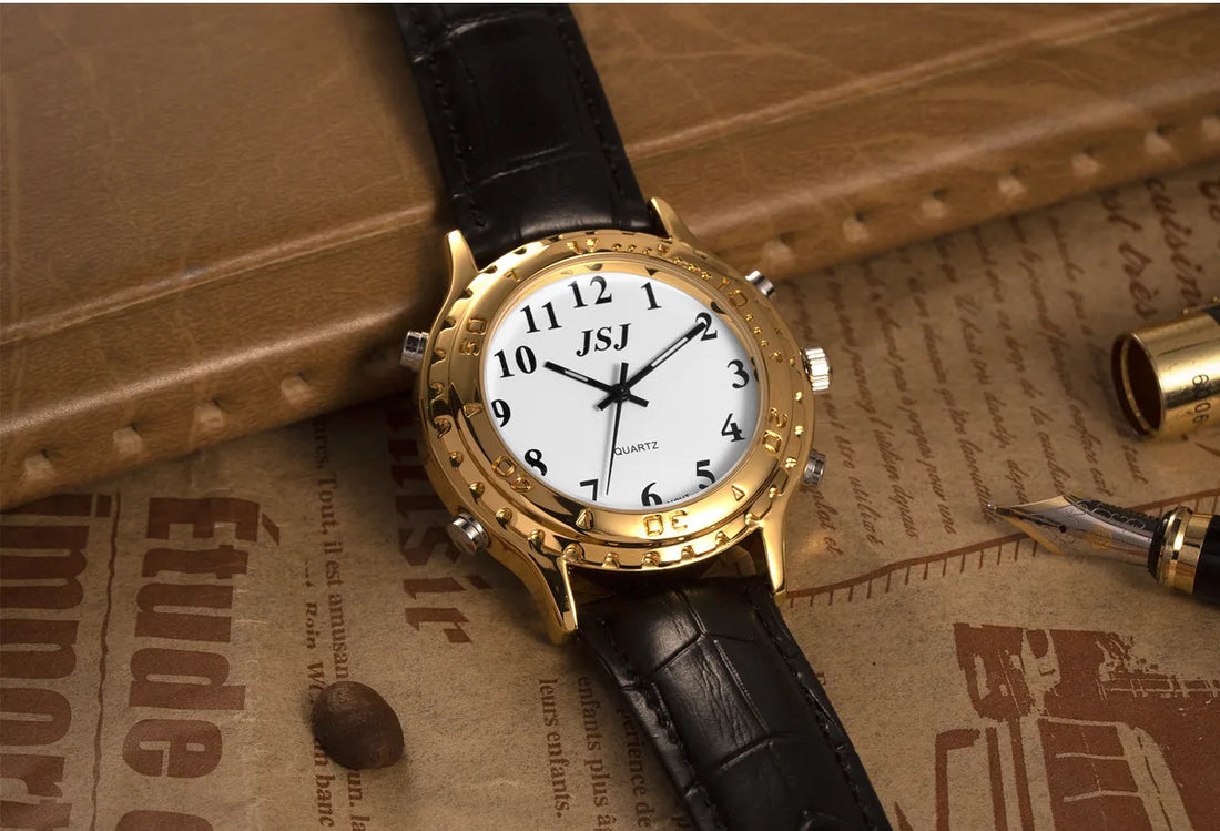 Montre parlante analogique avec réveil, bracelet cuir noir