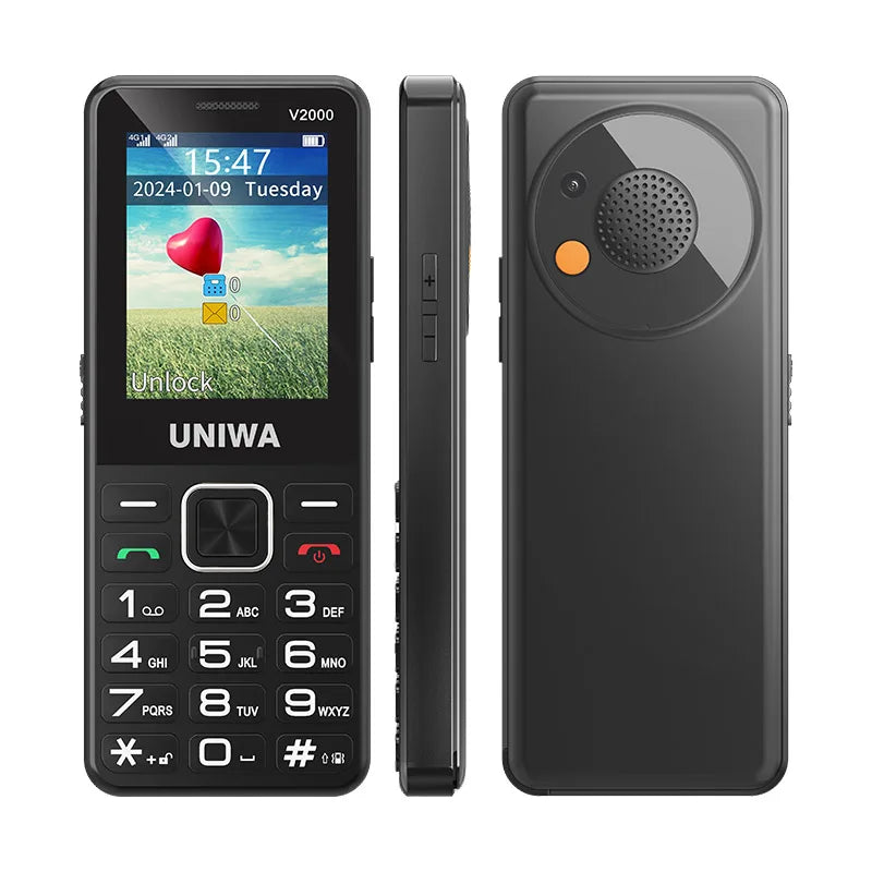 Téléphone UNIWA V2000 4G noir, face, profil et dos avec touche SOS