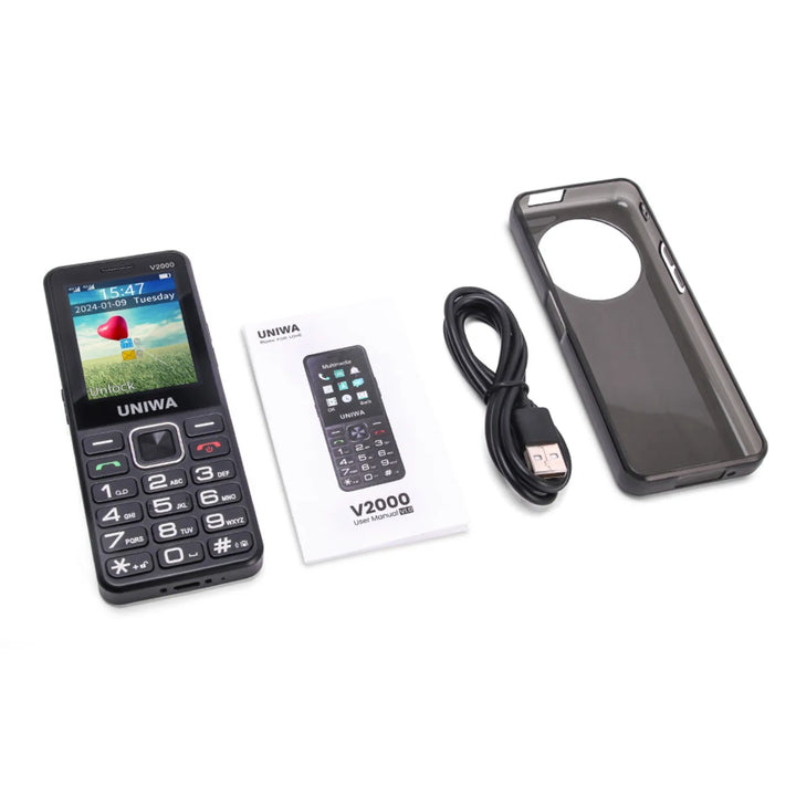 Contenu de la boîte du téléphone UNIWA V2000 : batterie, câble et notice