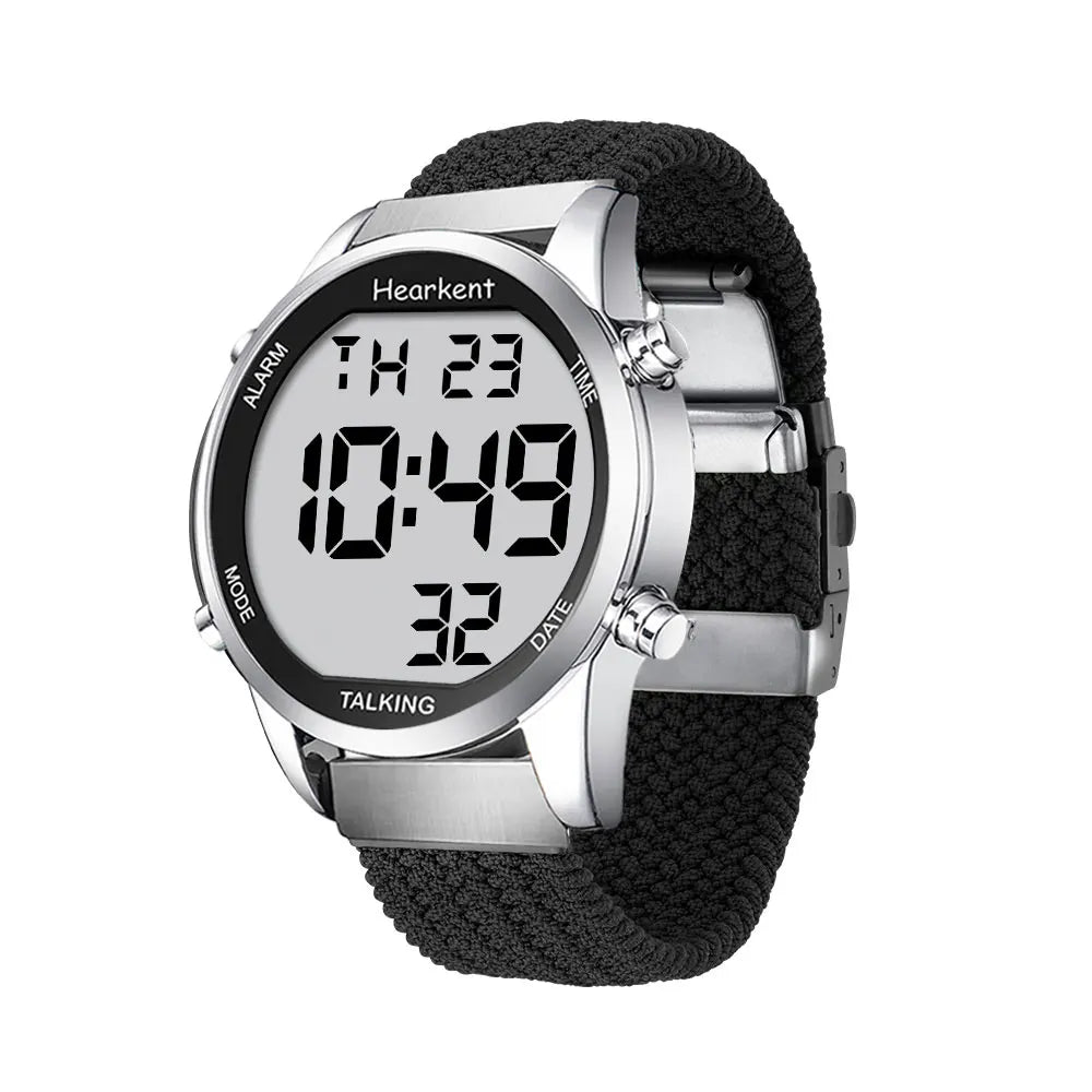 Montre parlante homme à grand écran digital, vue de trois quarts