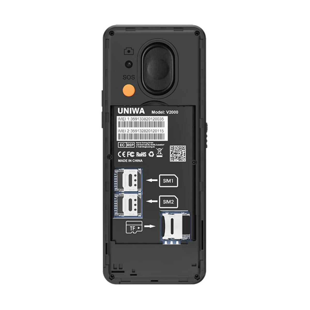 Emplacements double SIM et batterie du téléphone UNIWA V2000