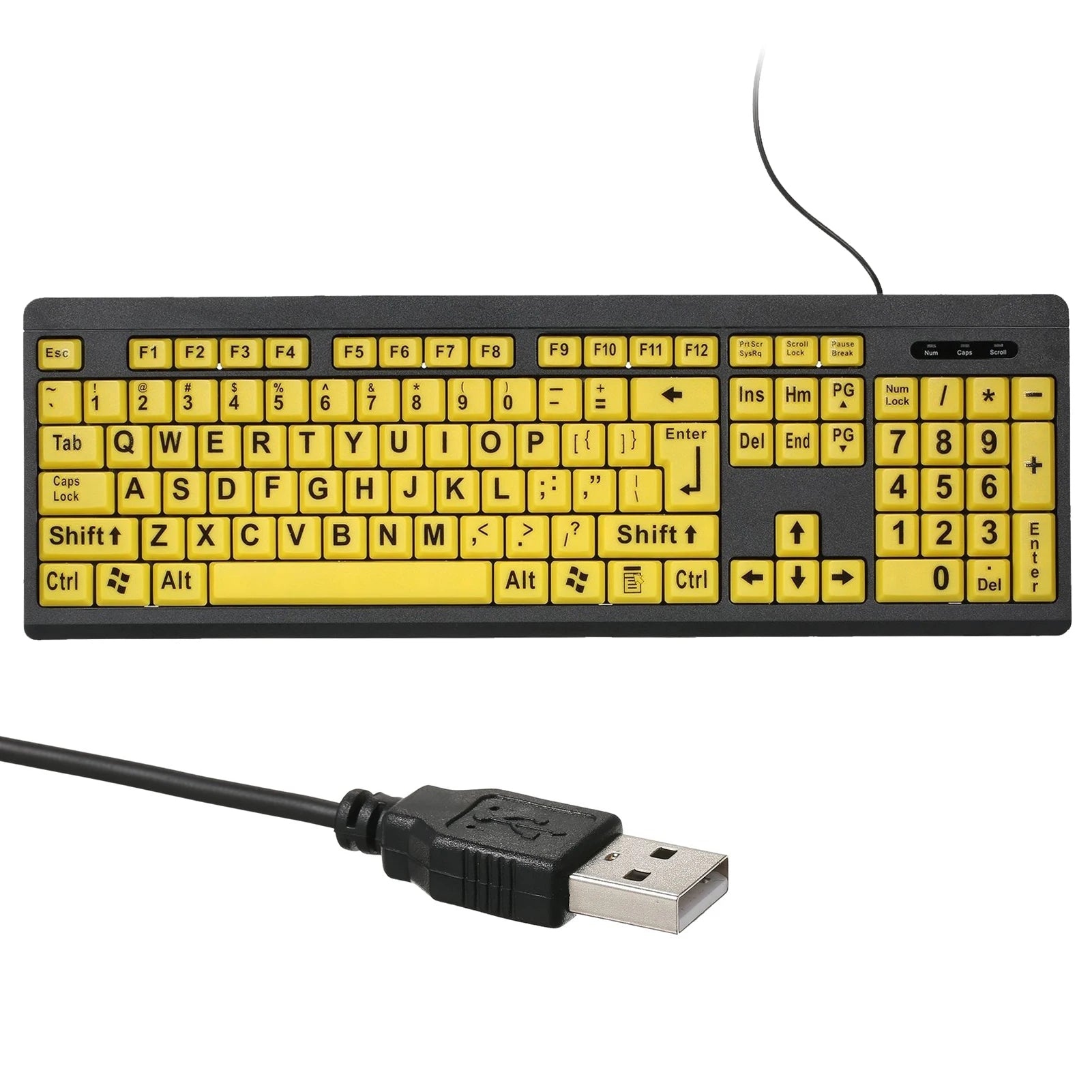 Clavier filaire noir à grands caractères jaunes QWERTY