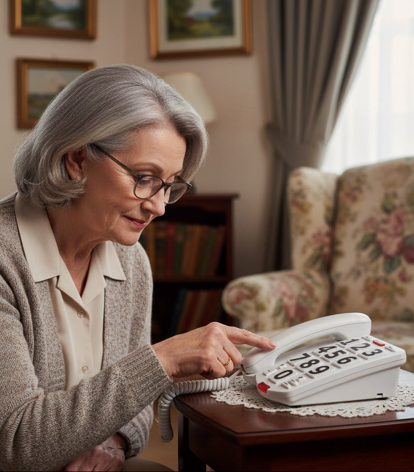 Senior utilisant un téléphone filaire à très grosses touches