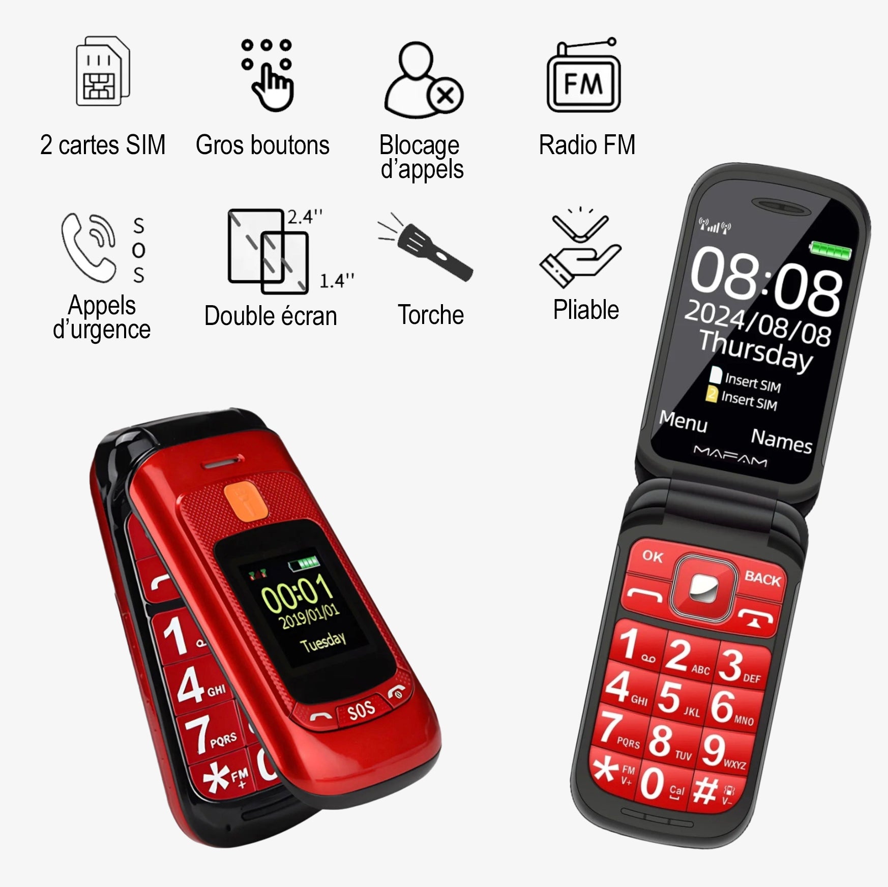 Téléhone Portable à Grandes Touches pour Seniors et Malvoyants